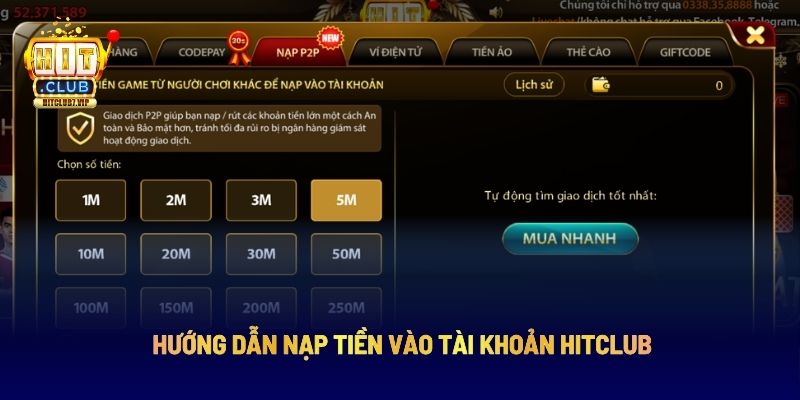 Hướng dẫn nạp tiền vào tài khoản Hitclub