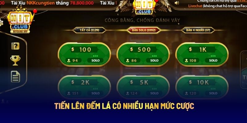 Tiến lên đếm lá có nhiều hạn mức cược